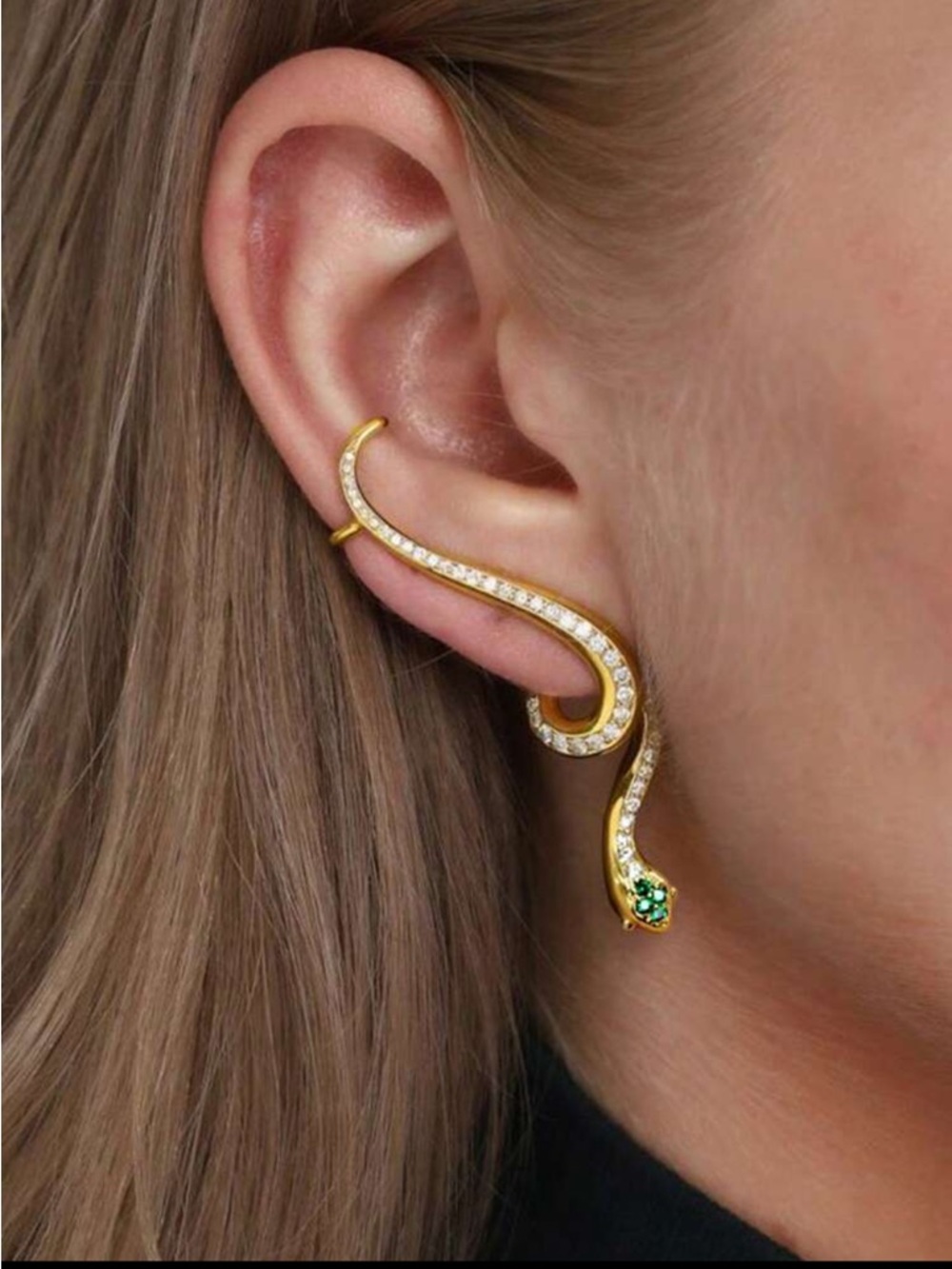 Gold Crystal Snake Ear Cuff with Emerald Accent - Women Jewelry R 564